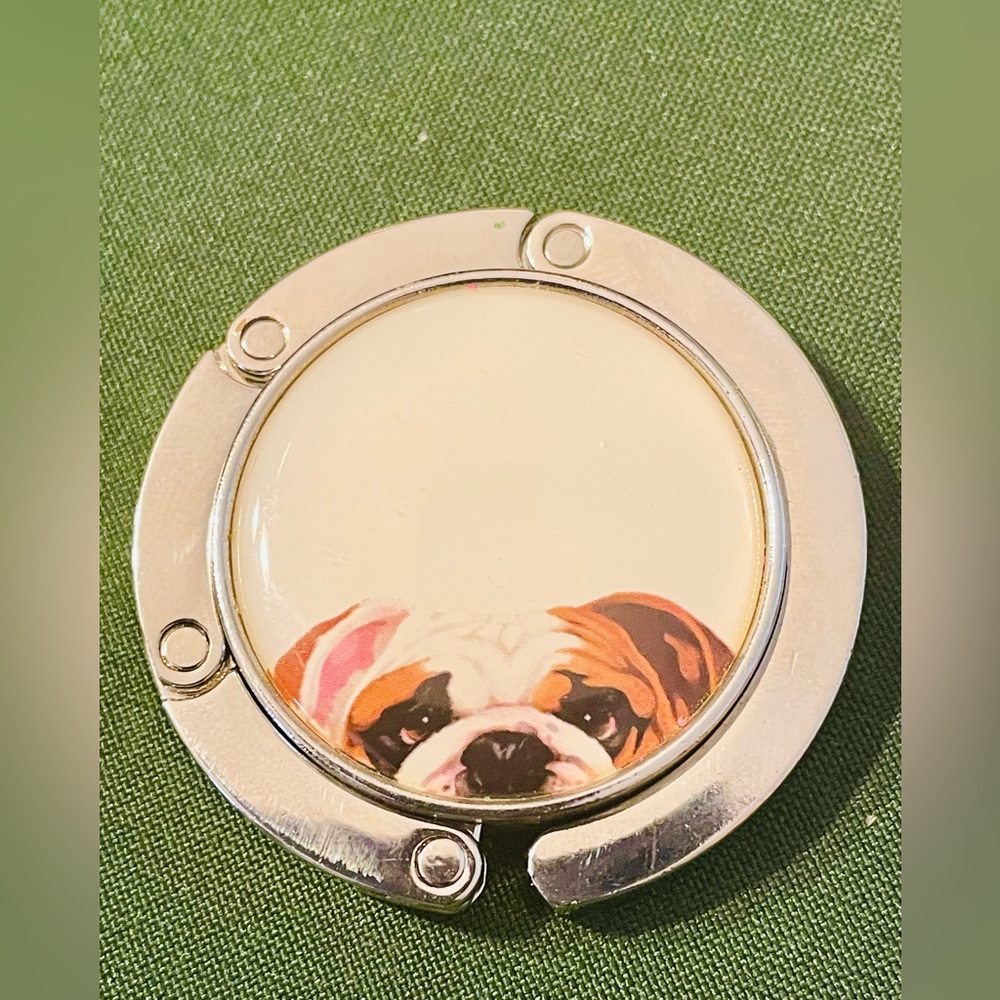English Bull dog Cream and Silver Purse Hook Hanger Holder